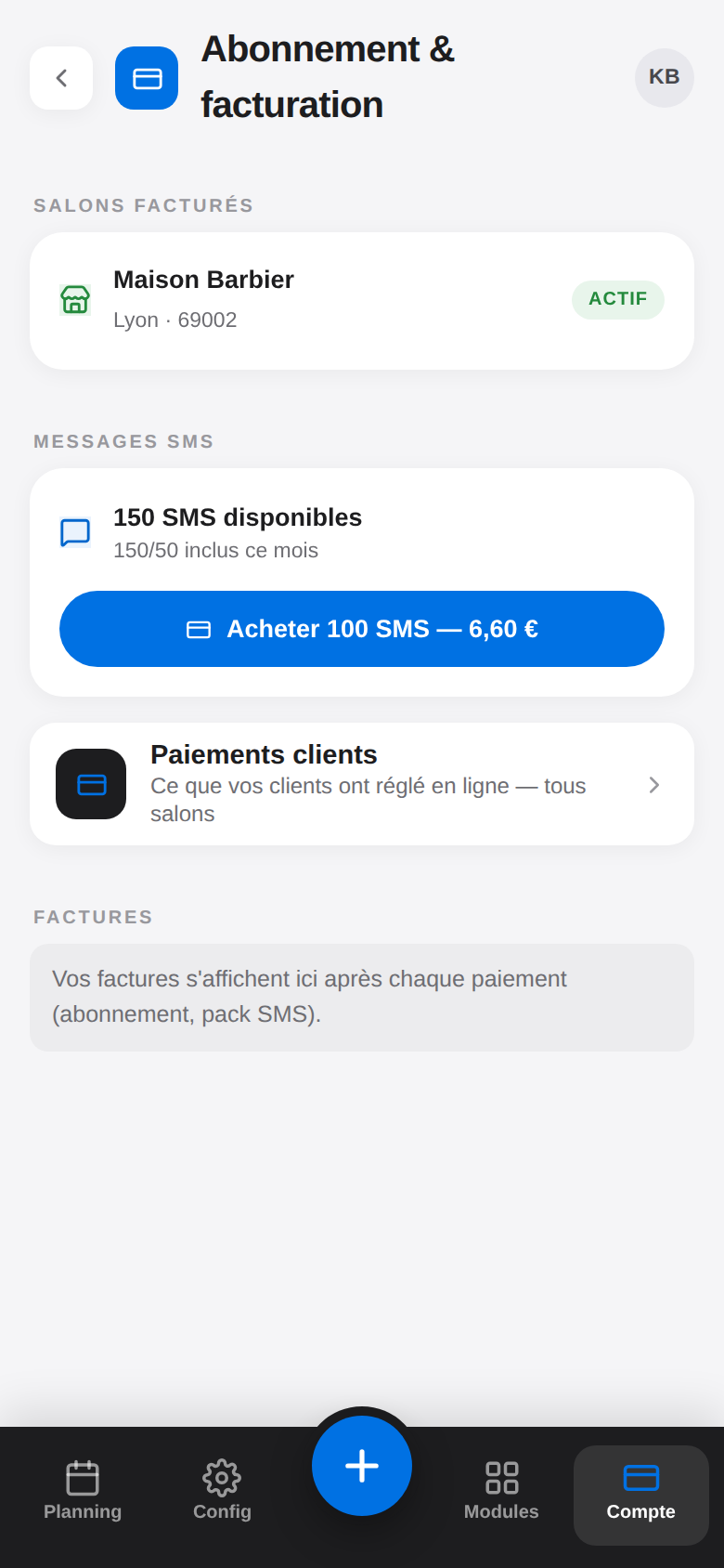 Écran « Abonnement & facturation » de Chairli : salon facturé, SMS disponibles, achat d'un pack de SMS, paiements clients et factures.